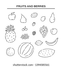 Set different fruits line doodle icons. Plant vegetarian diet foods vector sketch black isolated illustration on white background.