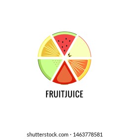 A set of different fruits for the logo of fruit juices watermelon, apple, lemon, orange, strawberry, cantaloupe. Round logotype for product from sectors