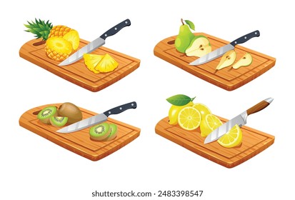 Satz verschiedener Früchte auf Schneidebrettern. Einschließlich Ananas, Birne, Kiwi und Zitrone. Vektorillustration