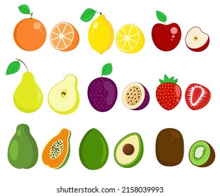Set of different fruits with orange, lemon, apple, avocado, strawberry, papaya, passion fruit, kiwi and pear.