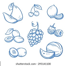 Set of different fruits: pear, melon, grape, kiwi, lemon, cherry, plum, raspberry, Hand drawn doodle vector illustration.