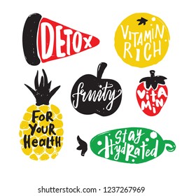 Set of different fruits and vegetable including pineapple, apple, watermelon, orange and cucumber. Hand drawn elements with lettering inside. Healthy lifestyle concept.