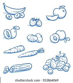 Set of different fruits and vegetables, e.g, for baby food. With, banana, strawberry, apple, peach, plum, carrot, zucchini, potato. Hand drawn cartoon vector illustration.