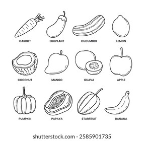 Set of different fruits and vegetables outline doodle collection isolated on white background with carrot, eggplant, cucumber, lemon, coconut, mango, guava, apple, pumpkin, papaya, starfruit, banana.