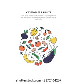 Set of different fruits and vegetables. Vector illustration of organic food.