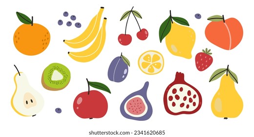 Set of different fruits.Illustration of  banana,peach,orange,pear, lemon,apple,cherry,kiwi.