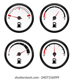 Set of Different Fuel gauge. Round white car dashboard 3d. Fuel Indicator and Sensor. Vector illustration isolated on white background.