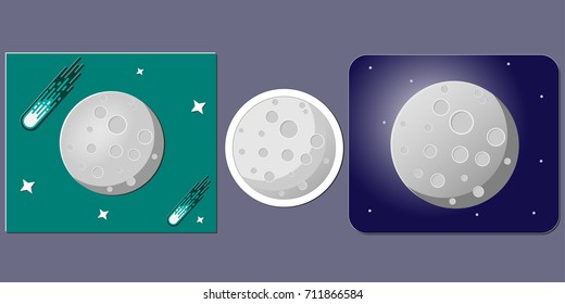 Set of Different Full Moon Designs.
Moon, Stars and Comet Flat Design.
Sticker Full Moon Isolated.
Colorful Moon and Stars in Deep Dark Sky.