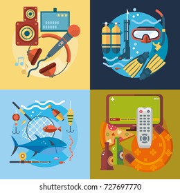 Set of different fun, travel and vacation in flat style. 