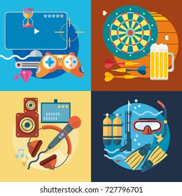 Set of different fun, travel and vacation in flat style. 
