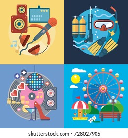 Set of different fun, travel and vacation in flat style. 