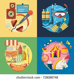 Set of different fun, travel and vacation in flat style. 