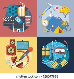 Set of different fun, travel and vacation in flat style. 