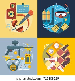 Set of different fun, travel and vacation in flat style. 