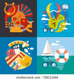 Set of different fun, travel and vacation in flat style. 