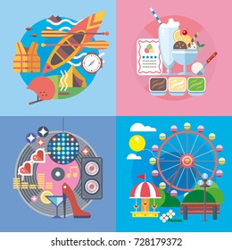 Set of different fun, travel and vacation in flat style. 