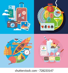 Set of different fun, travel and vacation in flat style. 