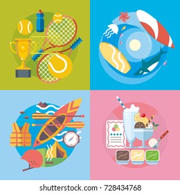 Set of different fun, travel and vacation in flat style. 