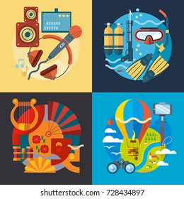Set of different fun, travel and vacation in flat style. 