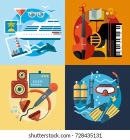 Set of different fun, travel and vacation in flat style. 