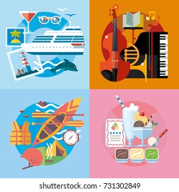Set of different fun, travel and vacation in flat style.