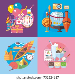 Set of different fun, travel and vacation in flat style.