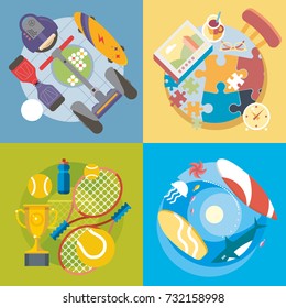 Set of different fun, travel and vacation in flat style.