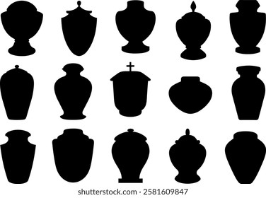 Set of different funeral cremation urns isolated on white background