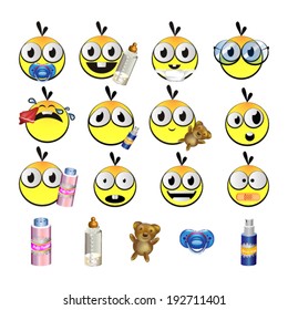 Set of different funny baby emoticons with objects