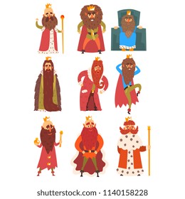 Set of different funny bearded kings in different actions. Old men wearing gold crowns, mantels and armor. Rulers of kingdoms. Cartoon characters. Flat vector illustration isolated on white background