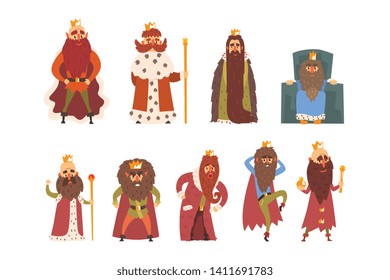 Set of different funny bearded kings in different actions. Old men wearing gold crowns, mantels and armor. Rulers of kingdoms. Cartoon characters. Flat vector illustration isolated on white background