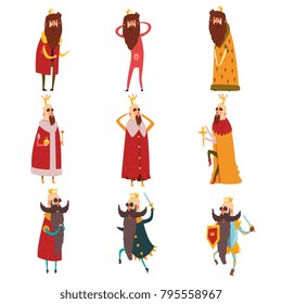 Set of different funny bearded kings in different actions. Old men wearing gold crowns, mantels and armor. Rulers of kingdoms. Cartoon characters. Flat vector design