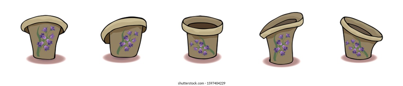 Set with different funny cartoon flower pots with flowers bells on a white background.