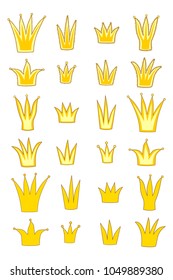 Set of different funny cartoon king queen prince princess crowns made in kid childish style. Vector illustration. 