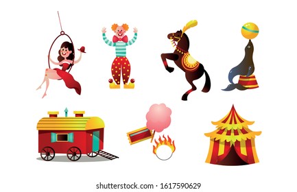 Set of different funny circus elements, people, animals, and decorations. Vector set illustration in flat cartoon style