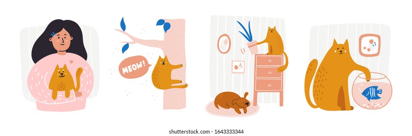 Set of different funny and cute pet insurance concepts. Cute Cartoon illustrations with naughty cat and hand written lettering. BAnner, flyer, ad. Hand drawn flat vector illustration.