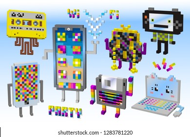 A set of different funny device character. Communication icons.3D cubes, pixel art, digital technology, game style.Tape cassette,diskette,computer,mobile phone, exchange information.Wi Fi party.Vector