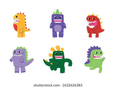 Set of different funny dinosaurs. Characters in linear flat style.