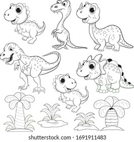 Set of different funny dinosaurs and plants coloring for children