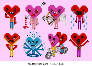 A set of different funny emoticons smiles characters. 3D hearts,cubes of love, pixel art, digital game style.Digital world chat connecting.Boy and girl, pink vector