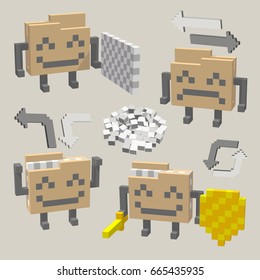 A set of different funny emoticons,digital folders.Security save, and crash information data.Exchange, receipt files.3D,cubes,pixel art. Vector