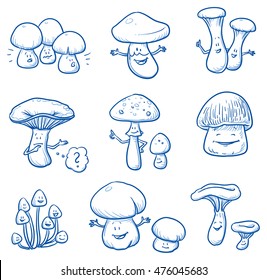 Set of different funny fungi and mushrooms. Hand drawn vector illustration.