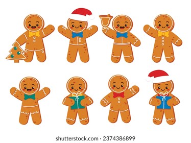 Set of different funny gingerbread men. Crunchy, fun, funny and cute. Vector graphic.