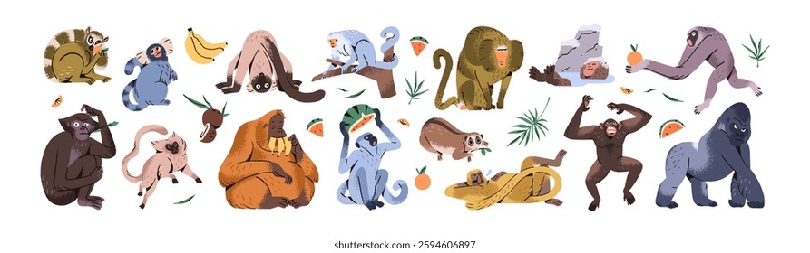 Set of different funny monkeys. Happy primate characters have fun, eat fruit. Cute jungle animals: exotic gibbon, chimpanzee, lemur, gorilla. Flat isolated vector illustrations on white background