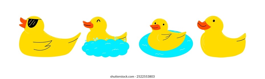 Set of different funny rubber baby ducks for bath. Vector illustration