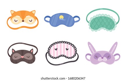 Set of different funny sleeping masks. Vector illustration in flat cartoon style.