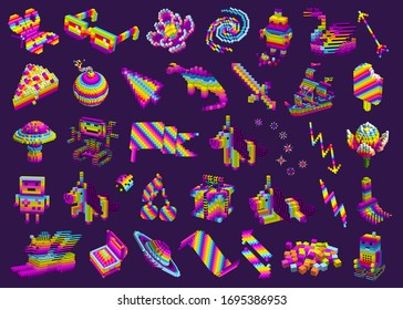Un conjunto de diferentes símbolos graciosos. Caracteres arcoiris al estilo de juego digital. Esfinge galaxia espacial y robots. Arte Pixel unicornio y constelación de estrellas. Saturno 3D, cubos de hongos. Vector de cisne púrpura.