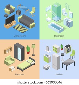 Set of different furniture elements for rooms in modern home. Vector isometric illustrations of kitchen, bedroom, living room, and bathroom