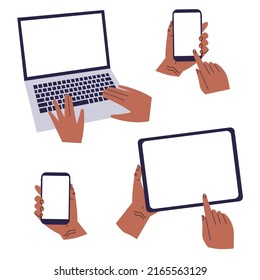 Set of different gadgets and hands isolated on white background. Dark-skinned user uses phone, tablet, laptop with blank screens. Vector illustration.