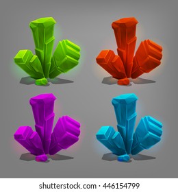 Set of different game resources cartoon crystals. Vector illustration.